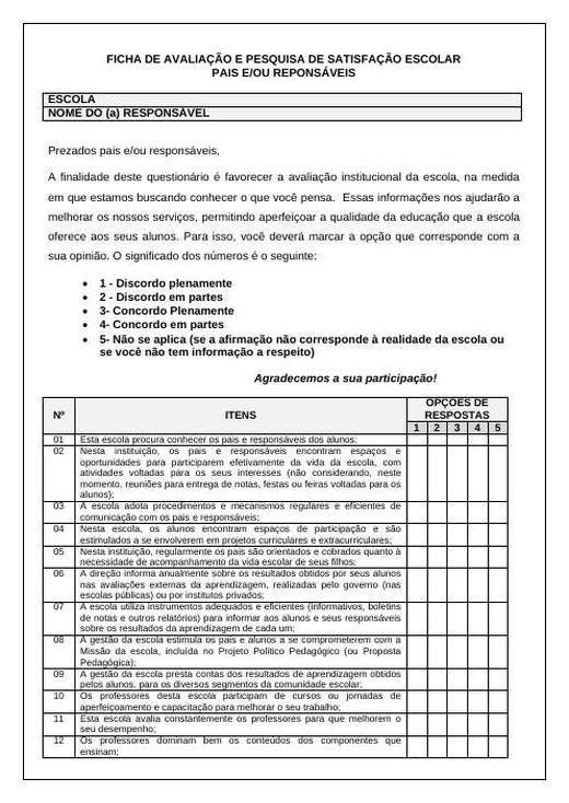 Capa: Ficha de Avaliação e Pesquisa de Satisfação com Pais e ou Responsáveis